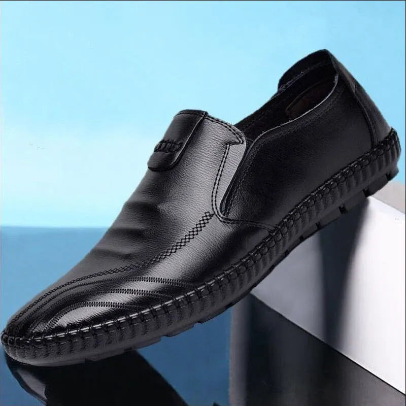 Men's black and brown PU leather casual shoes with flat heel and lace or slip-on styling