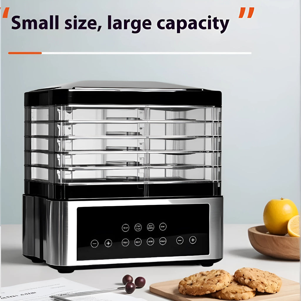 Silver stainless steel fruit dehydrator food dryer with 14L capacity and temperature control