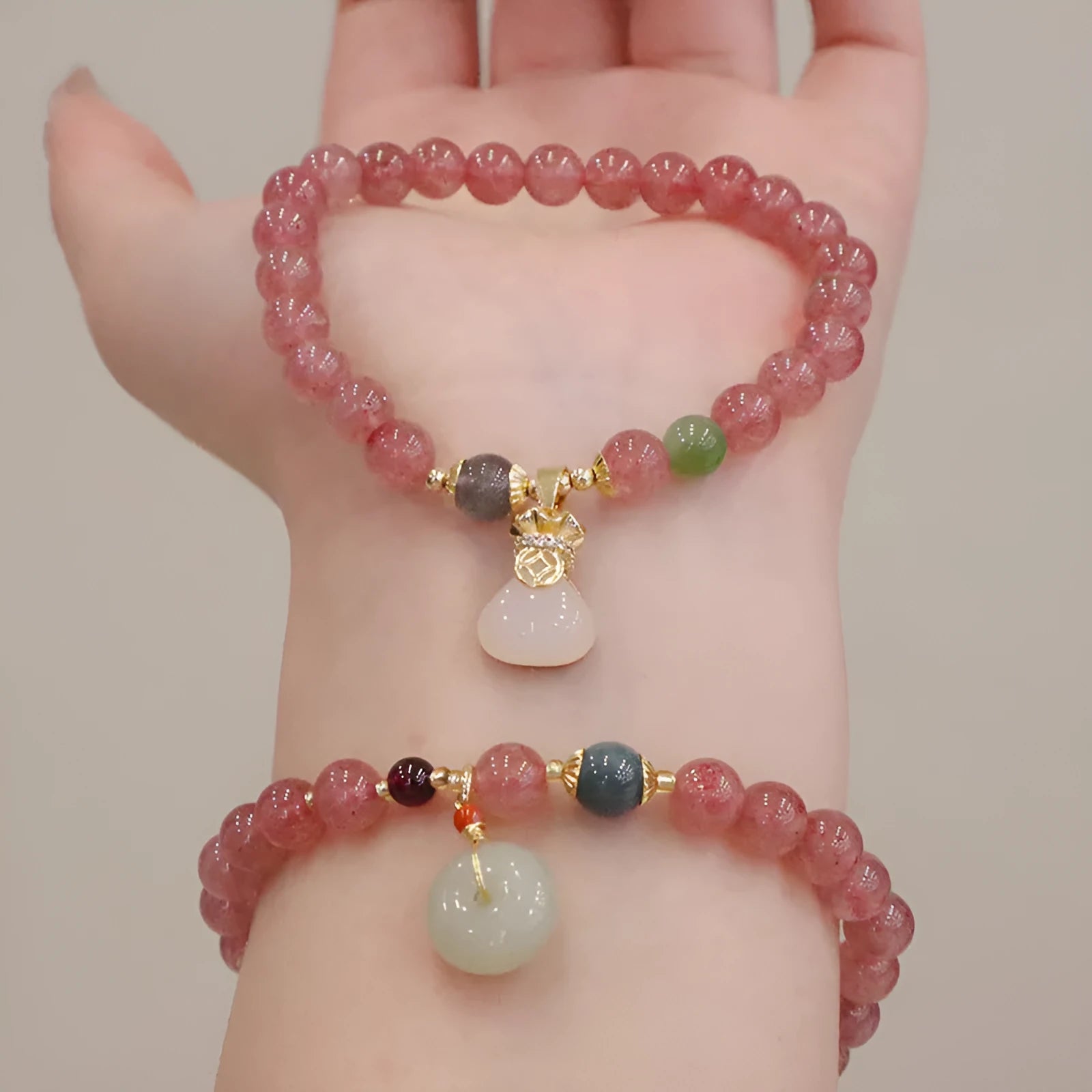 Natural strawberry quartz geometric bracelet with peace buckle and lucky Bagg elements for women