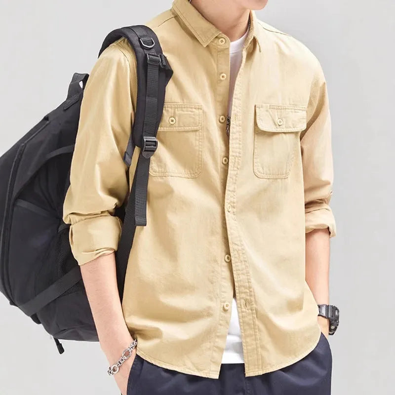 Men's long sleeve polyester overalls shirt in cardigan style with loose fit