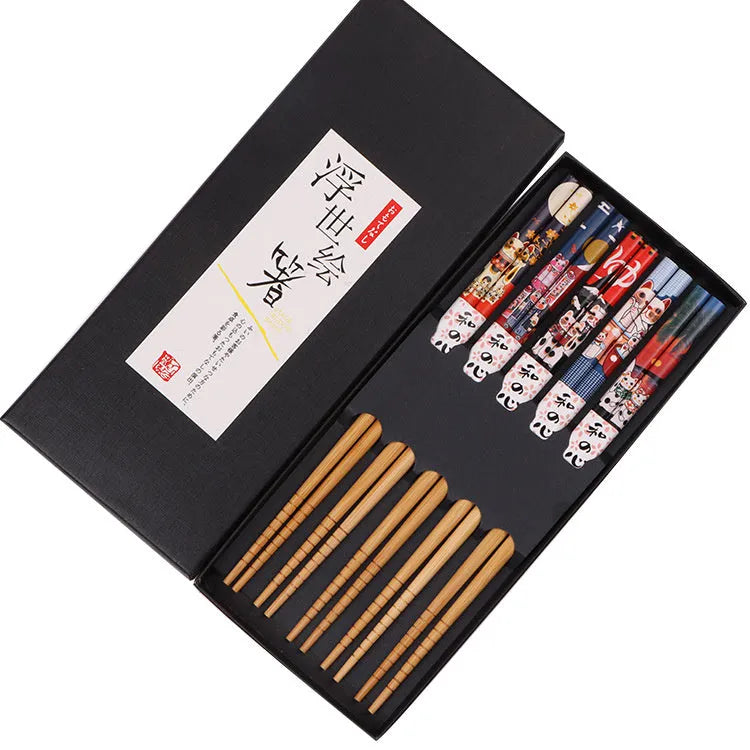 Japanese style bamboo chopsticks with five-colour patterns in gift box packaging