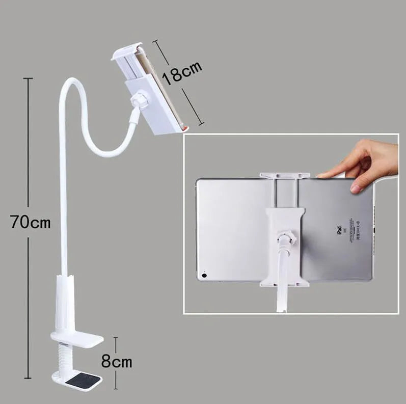 Black bedside oversize flat panel handset holder with long arm extended, holding a mobile phone.