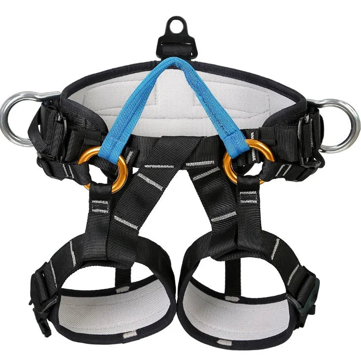 Black half body seat belt with adjustable waist and thigh straps, polyester construction, climbing holes for rescue training