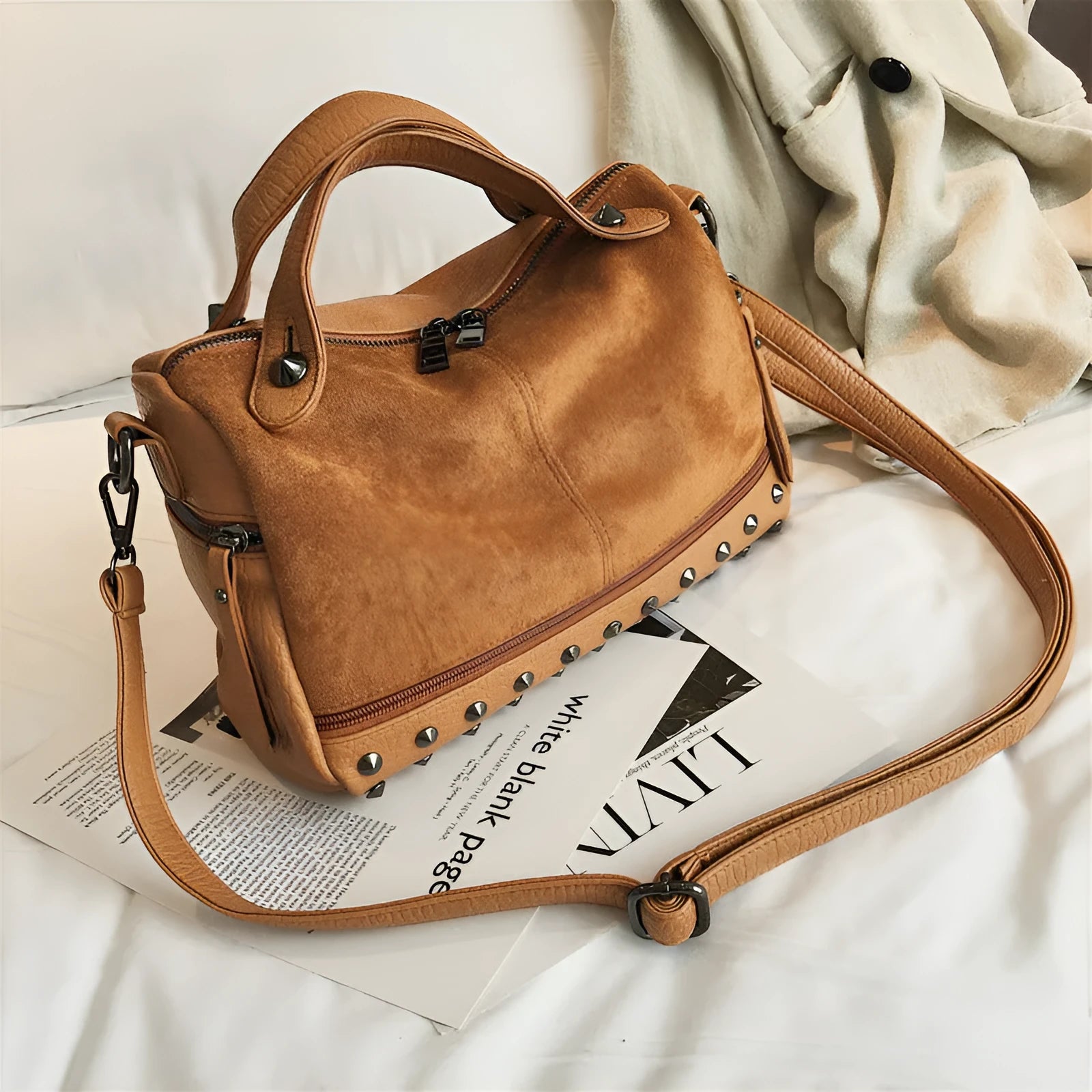 Women's soft PU leather tote shoulder bag with metal zip closure in black, brown, or grey