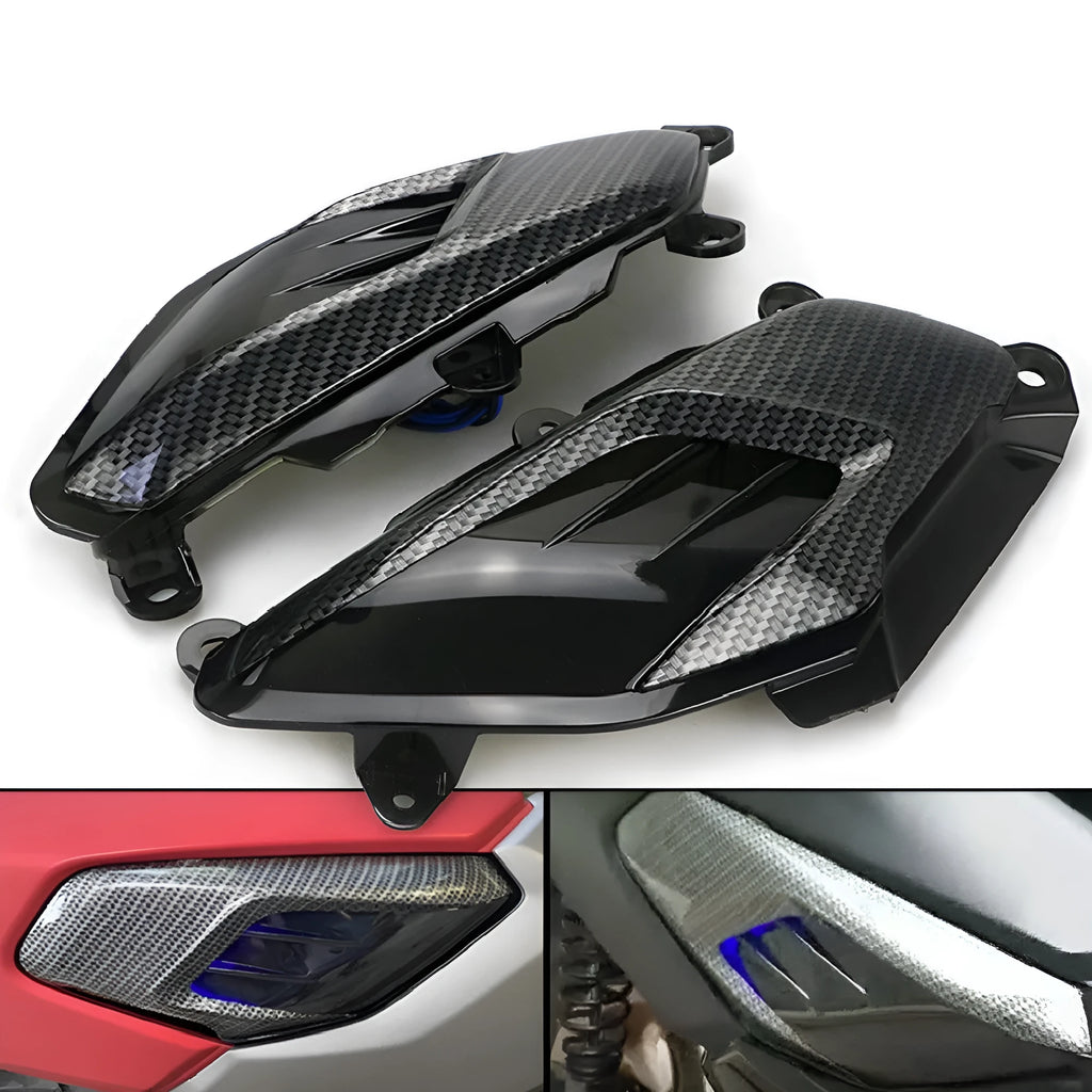 Pair of YAMAHA NMAX side indicator lamps with carbon fibre decoration and LED lights
