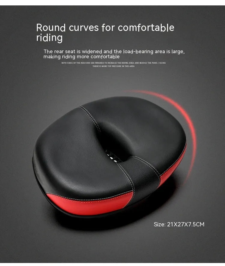 Thickened plus size mountain bike saddle in red, grey, or light brown with shock absorber and reflective stickers.