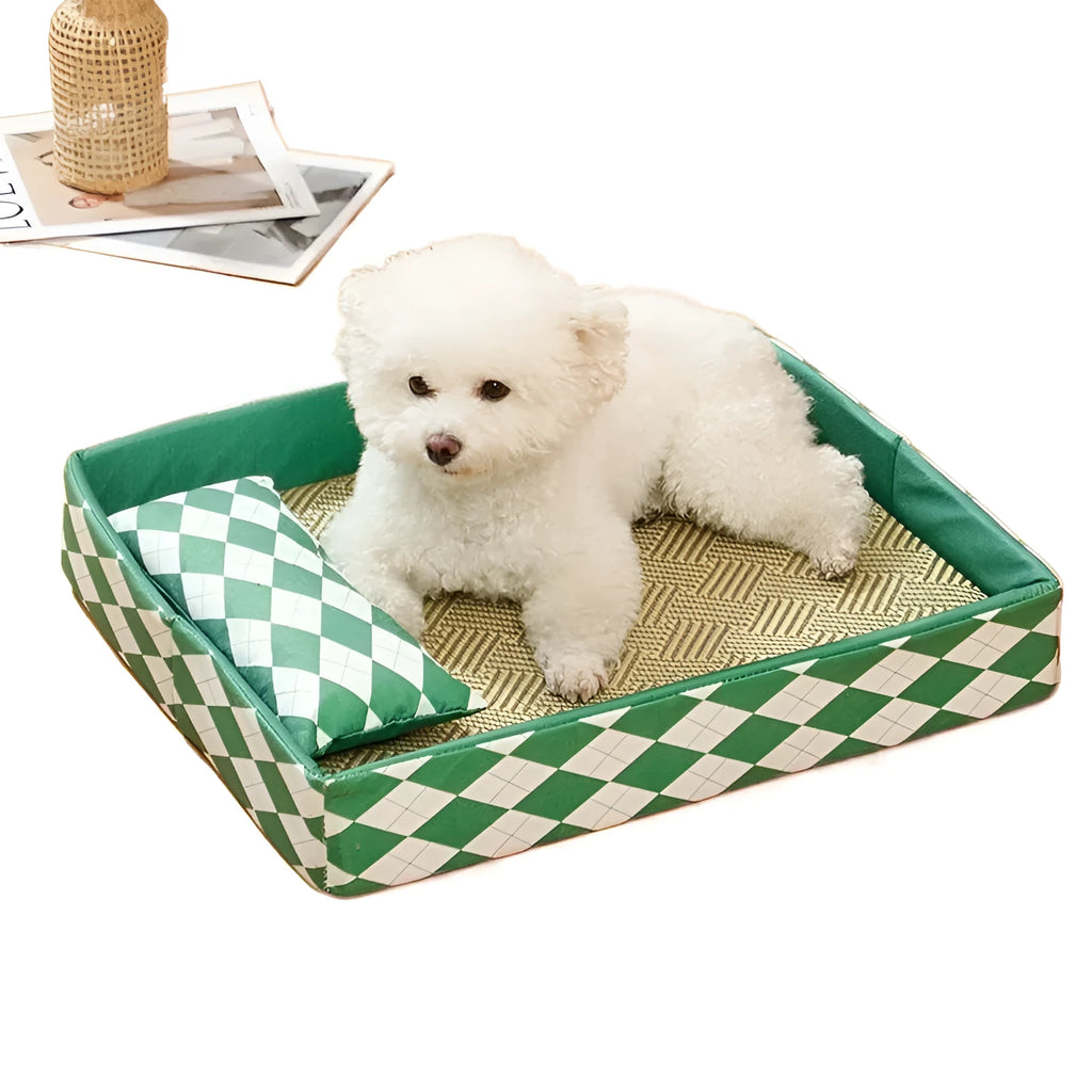 Blue rattan woven cat litter mat and pet bed placed on a wooden floor.