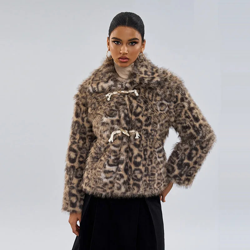 Leopard print women's coat with buckle lapel fastening in street fashion style