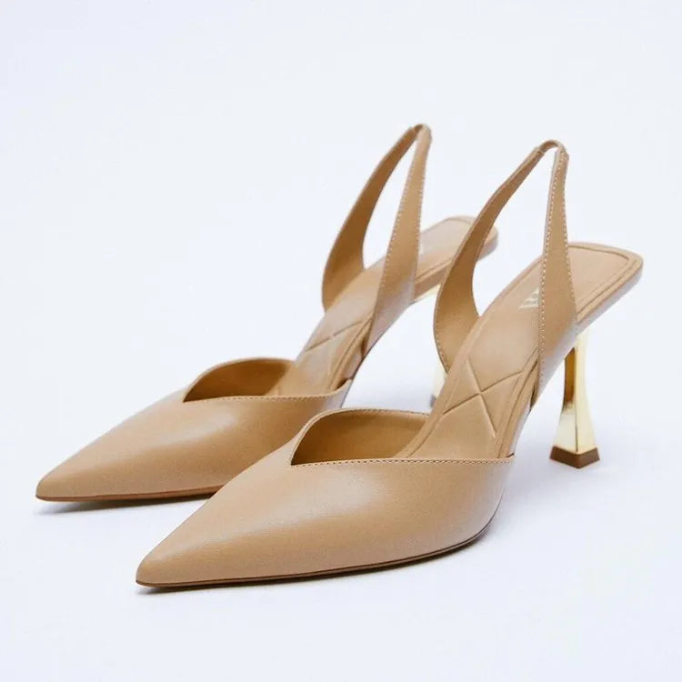 Korean style nude pointed high heels for women in patent leather, shown in black and apricot colours.