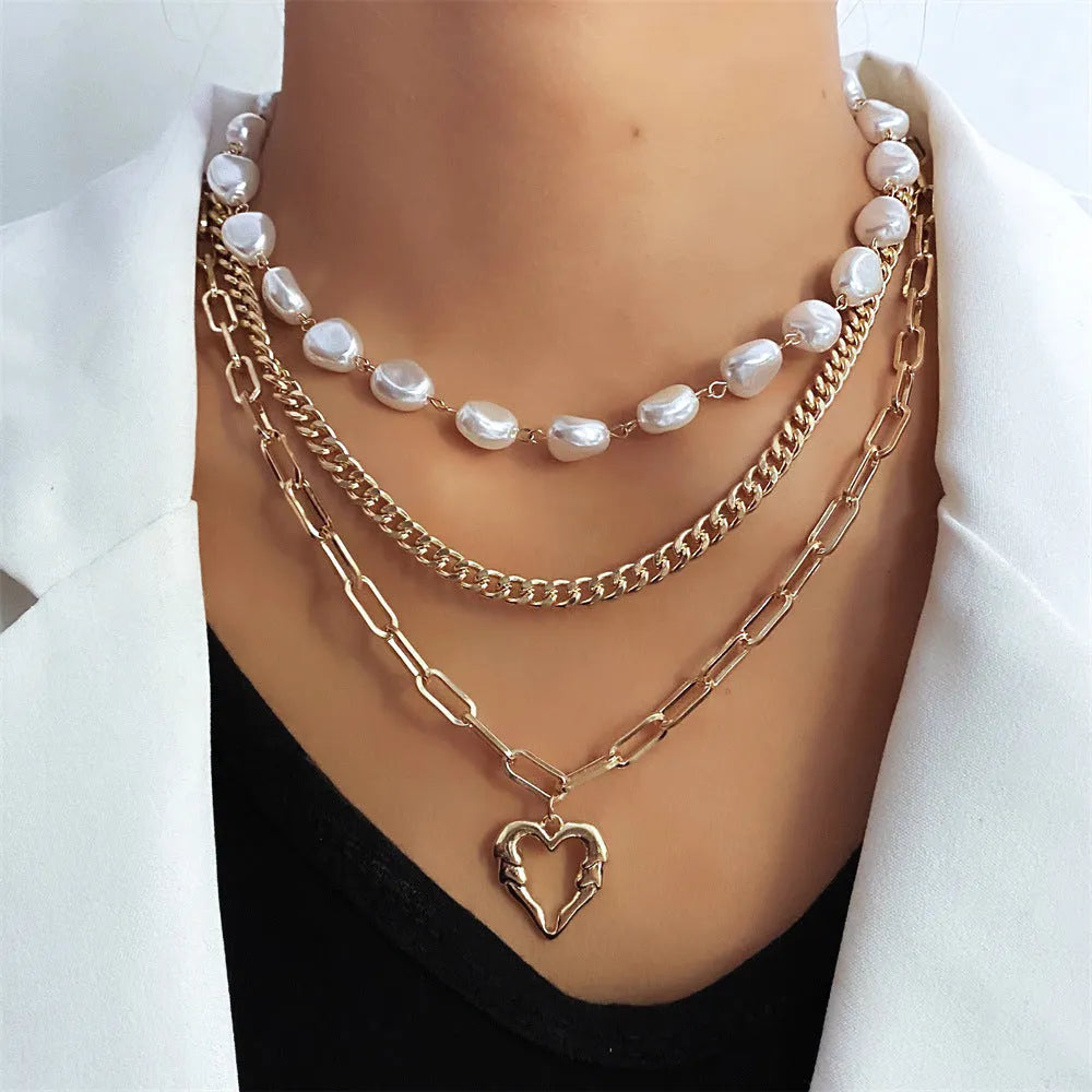 Vintage love heart pearl gold necklace with double-style design and adjustable chain