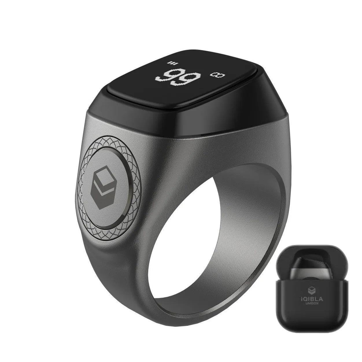 Zikr1 silver metal smart ring for Tasbih counting on a finger, showing its OLED display and single button.