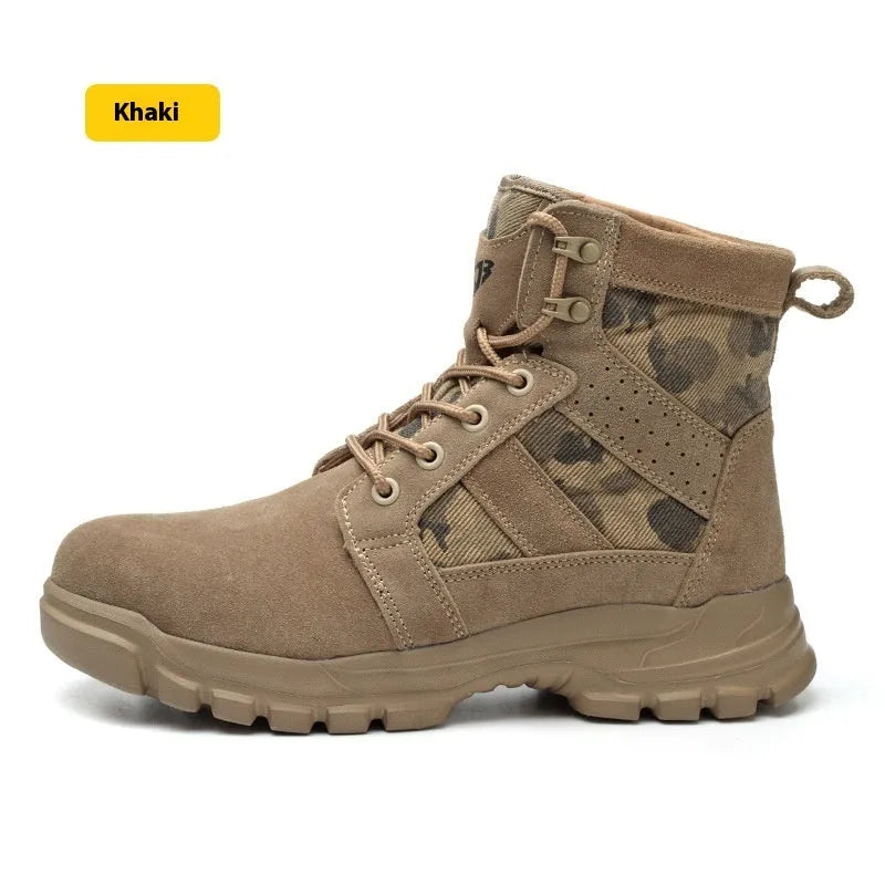 Khaki suede combat boots with steel toe cap and front lace-up closure on outdoor ground