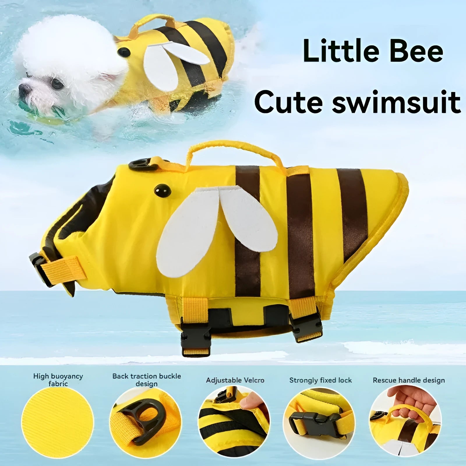 Green and yellow reflective dog life vest jacket with adjustable straps and handle for swimming safety