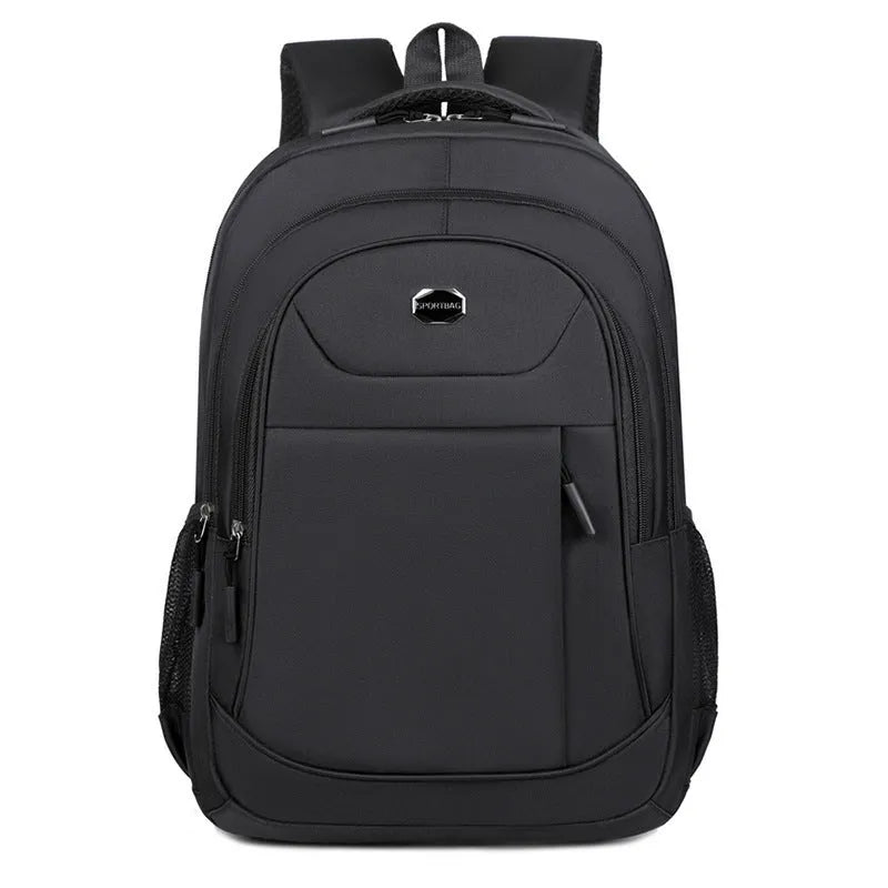 Solid colour Oxford cloth multi-layer backpack with curved shoulder straps in black, blue, green, and red