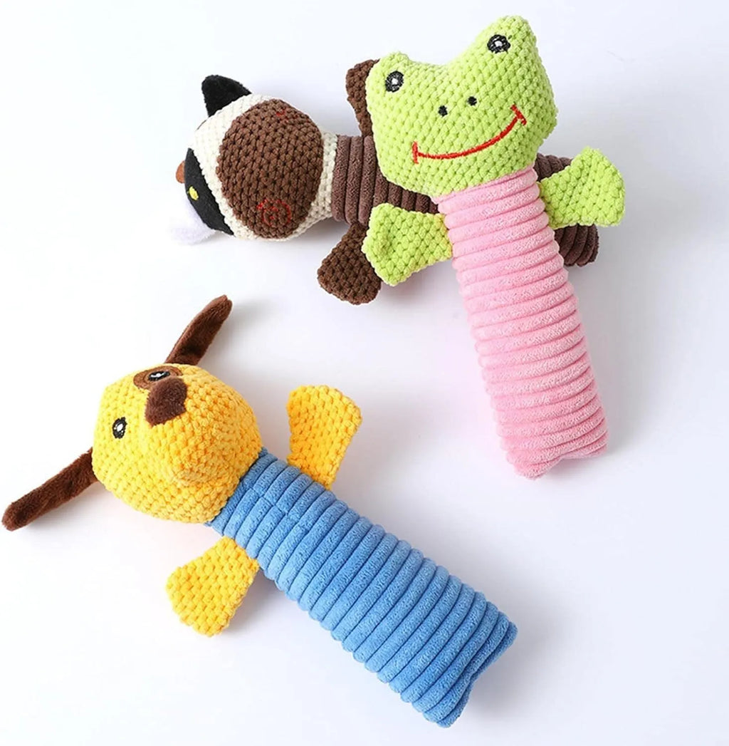 Squeaky stuffed dog chew toy measuring 19cm for dental cleaning and teething relief
