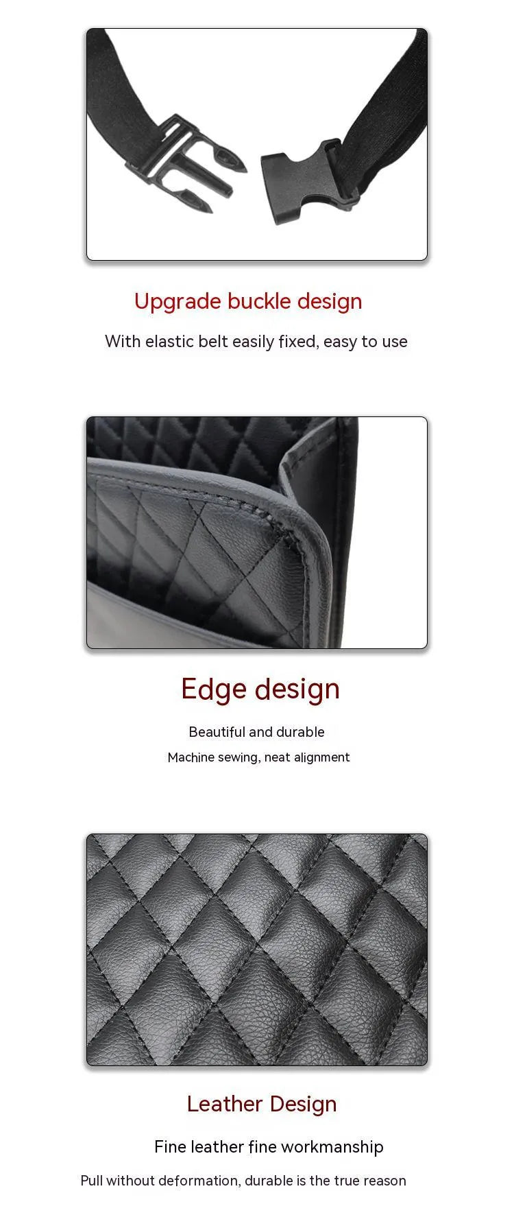 Leather hanging car storage bag and trash can in black, shown mounted behind a car seat