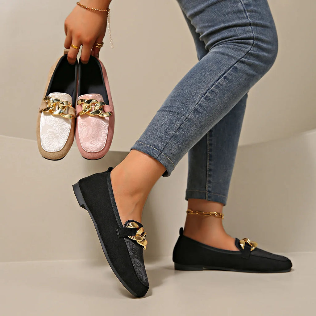 Women's metal flat lazy doug shoes in black, beige, and pink, PU and rubber, wear-resistant, sizes 36 to 42