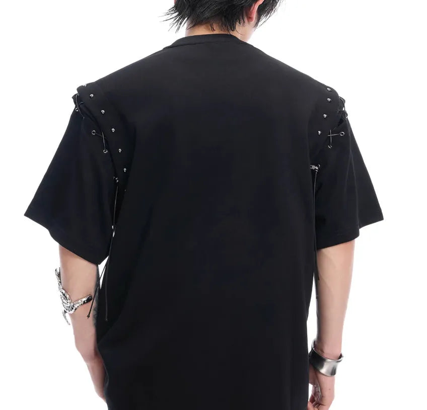 Niche deconstruction lace-up cutout short sleeve T-shirt in black or white cotton-polyester blend