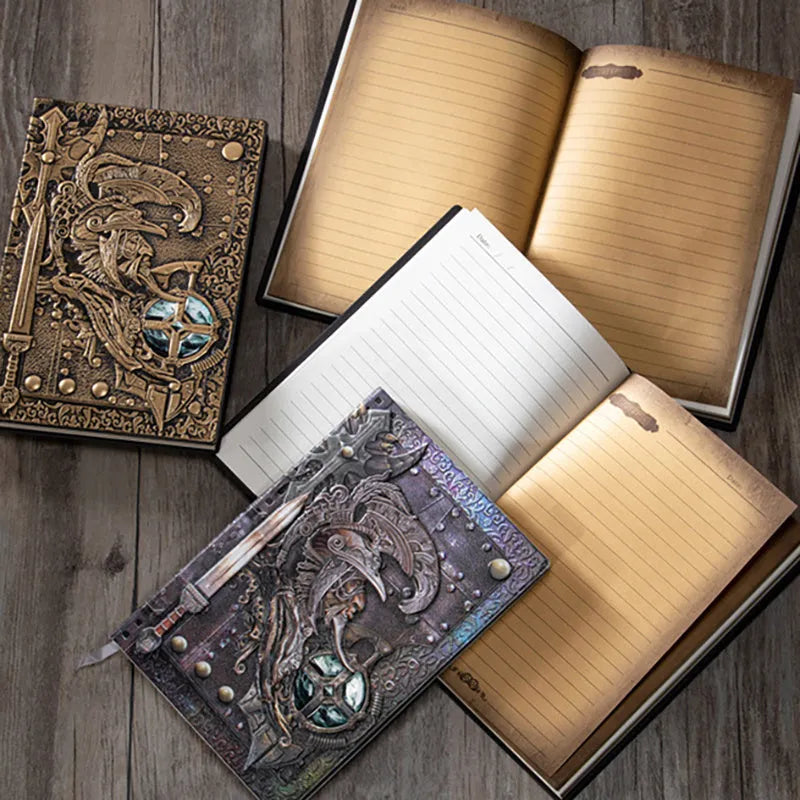 Handmade leather A5 notebook with embossed 3D warriors relief design in bronze colour.
