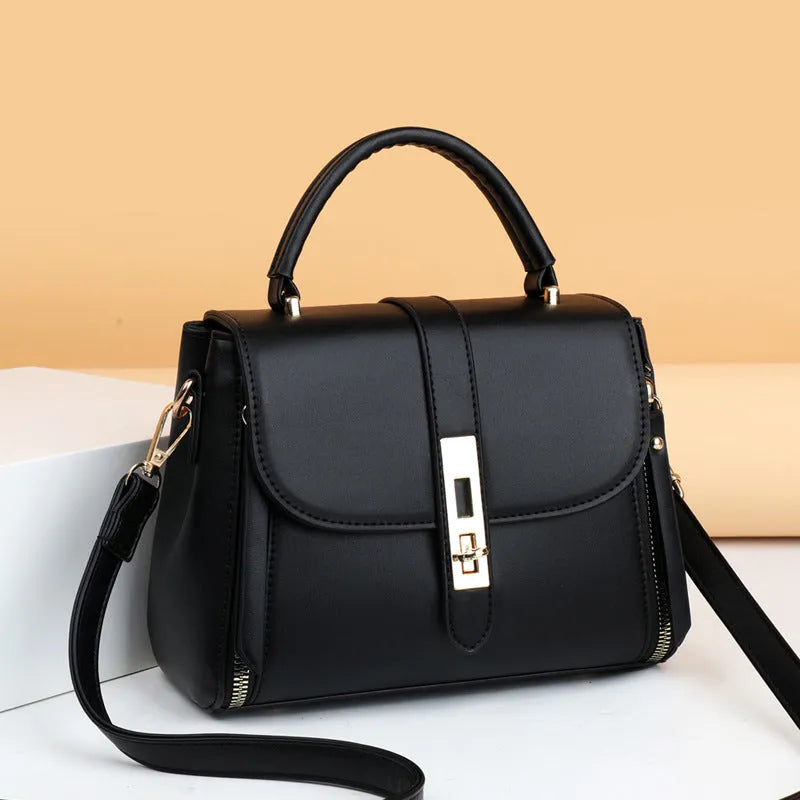 Soft black PU leather women's messenger bag with single shoulder strap.