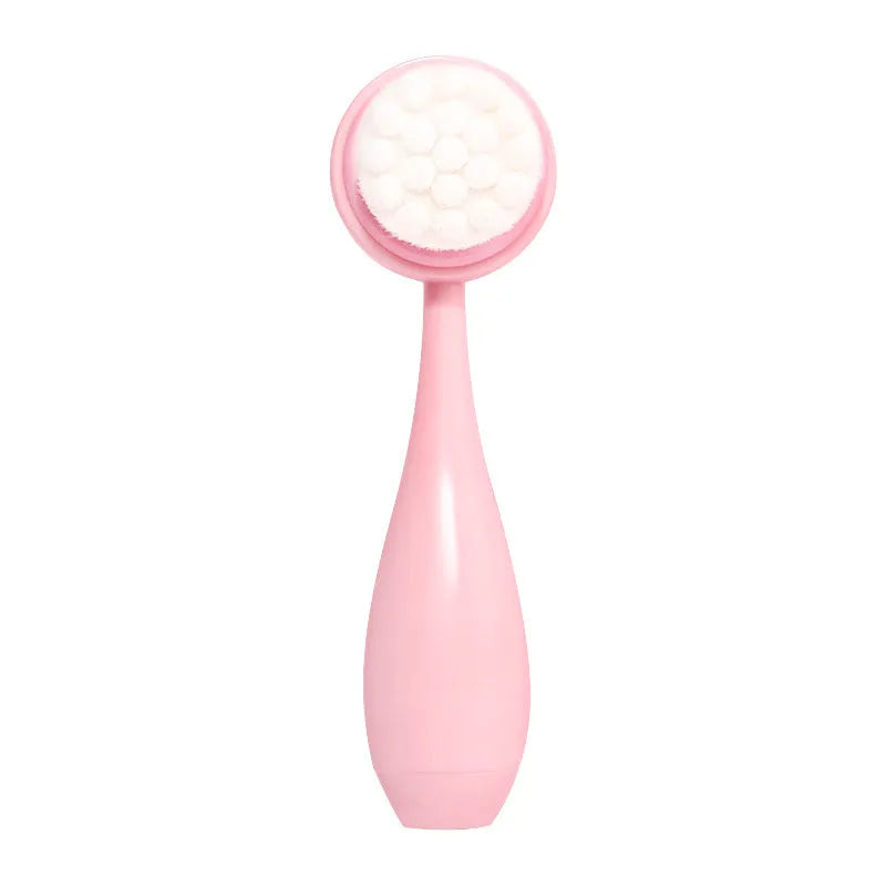 Three-piece facial brush set with coral fleece hair band and nylon bristle brushes in purple, grey, white, pink colours