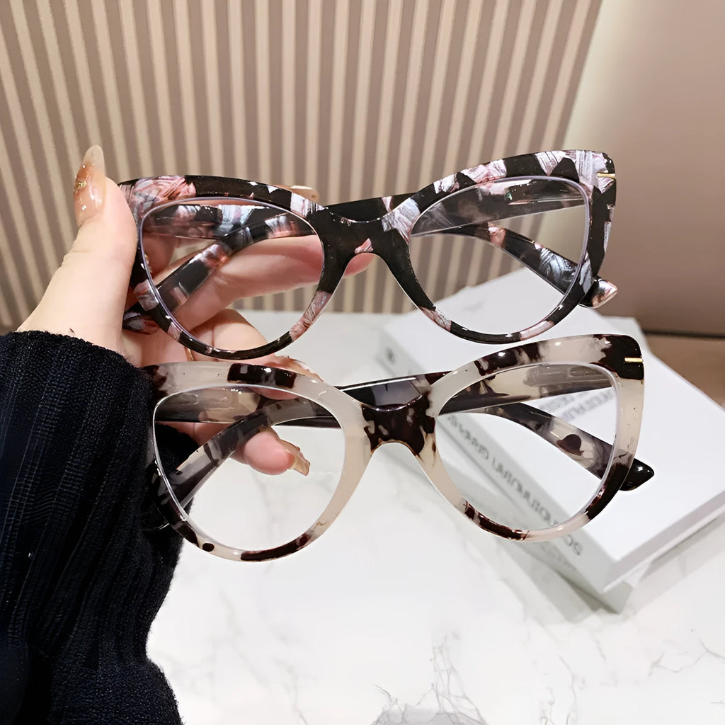 Women's large cat's eye frame presbyopic glasses with dragon and phoenix decorative motifs in multiple colour options