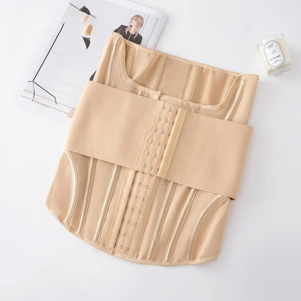 Nylon belly band waist trainer in black or apricot colour showing size range from XXXS to 3XL