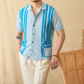 Men's striped cotton blend cardigan polo shirt with short sleeves and a lapel collar.
