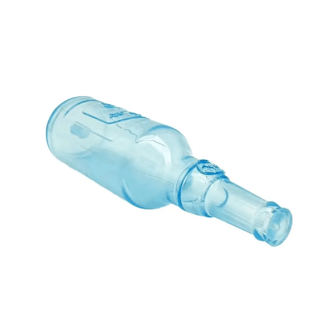 Blue water bottle dog toy with squeaker and internal tennis ball on grass