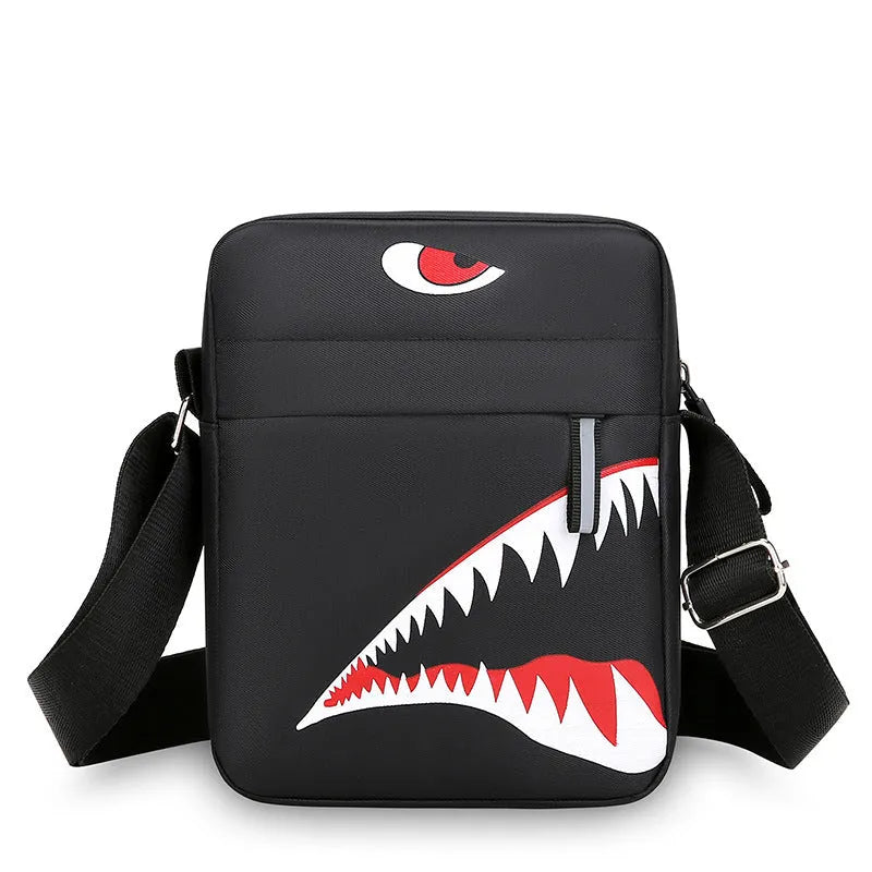 Men's black Oxford cloth crossbody bag with animal print pattern and adjustable shoulder strap