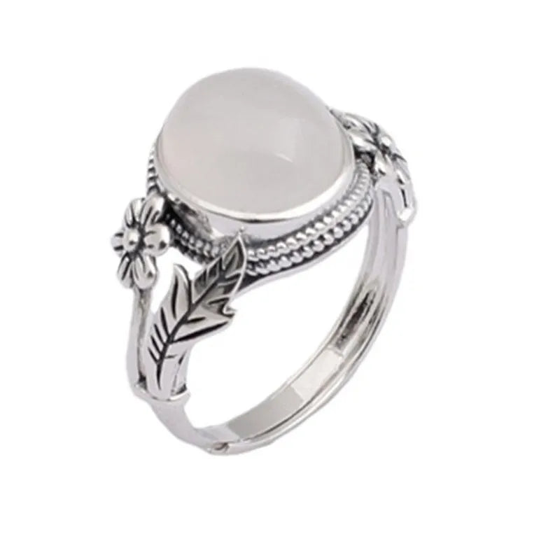 Adjustable vintage copper ring with white chalcedony design and antique finish