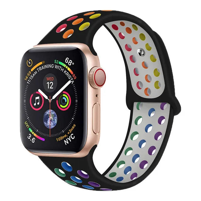 Silicone sports wristband with single buckle strap in black rainbow or white colour