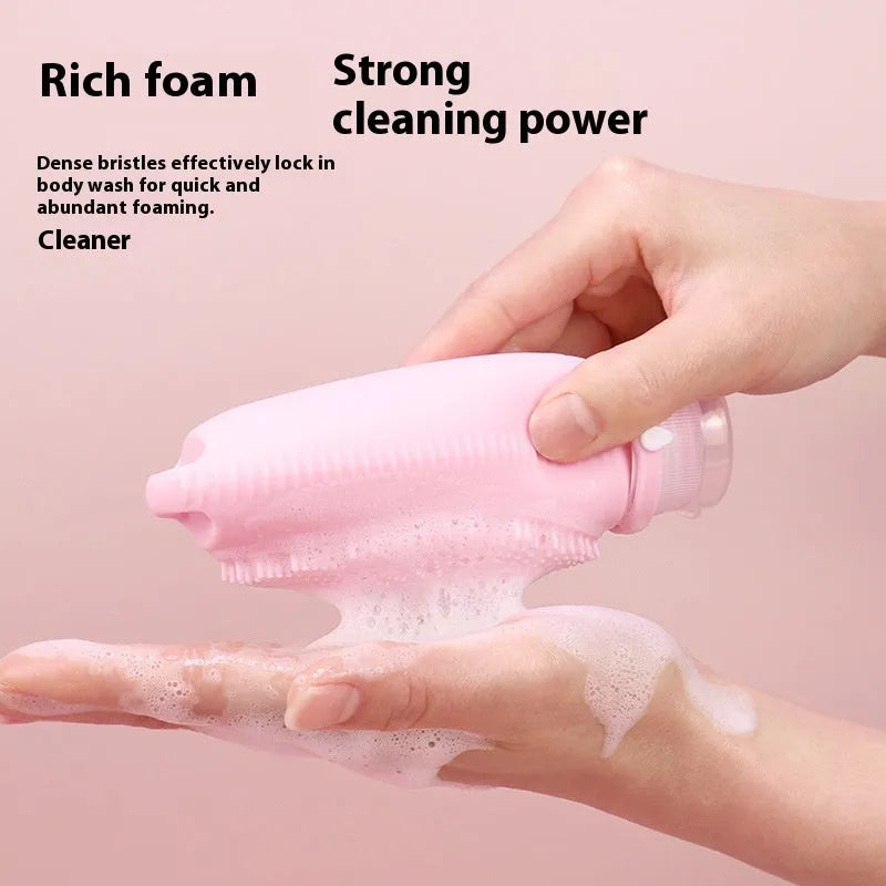 Silicone bath brush storage bottle 100ml with brush head and dispenser in pink colour option