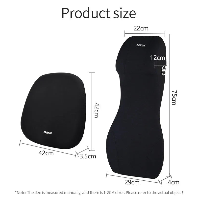 Black automotive memory foam lumbar cushion and headrest pillow set for car seats