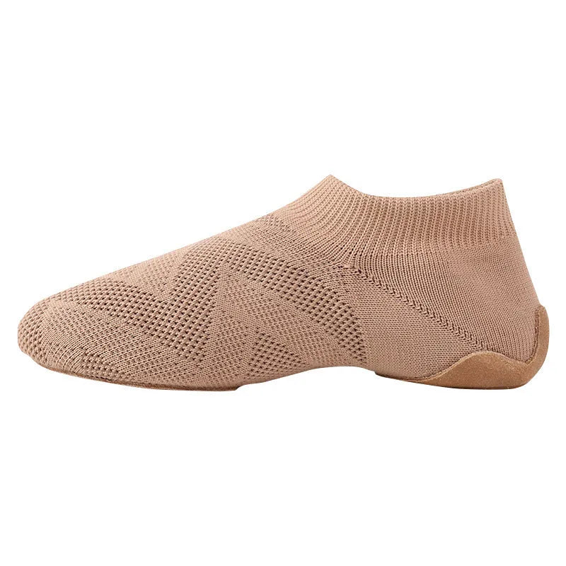 Simple solid colour unisex dance shoes with cotton mesh upper and leather sole, camel colour