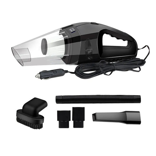 Orange and black 12V portable handheld car vacuum cleaner with nozzles on a car seat.