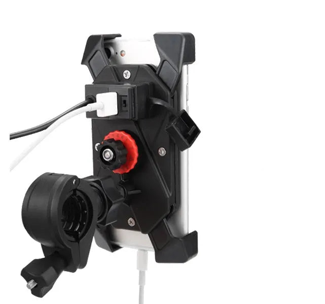 Black ABS motorcycle phone holder with USB charging cable mounted on handlebar