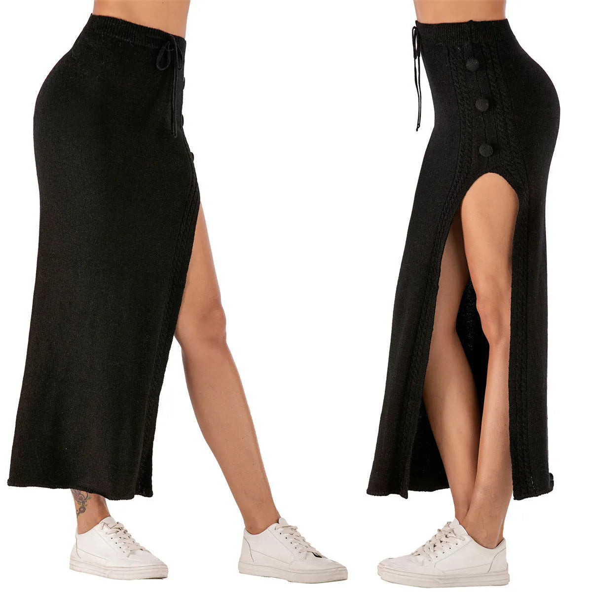 Slim-fit black woolen skirt with a side split, shown in a mid-length European style design.