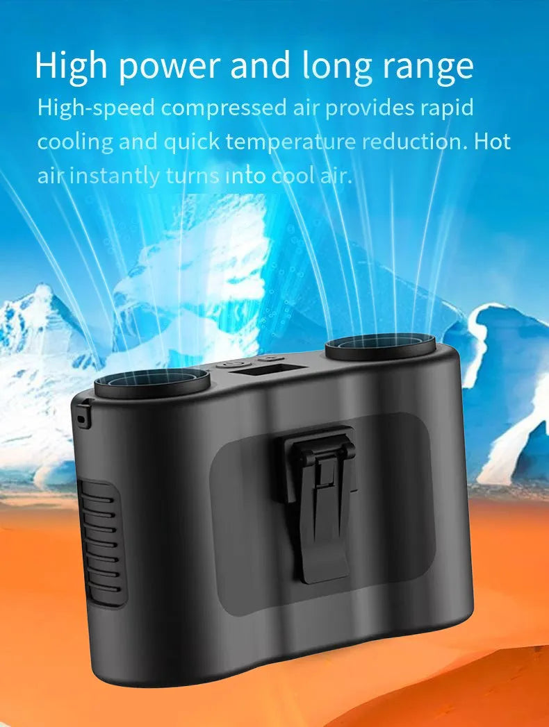 Black waist-hung portable personal fan with neck lanyard and waist clip.