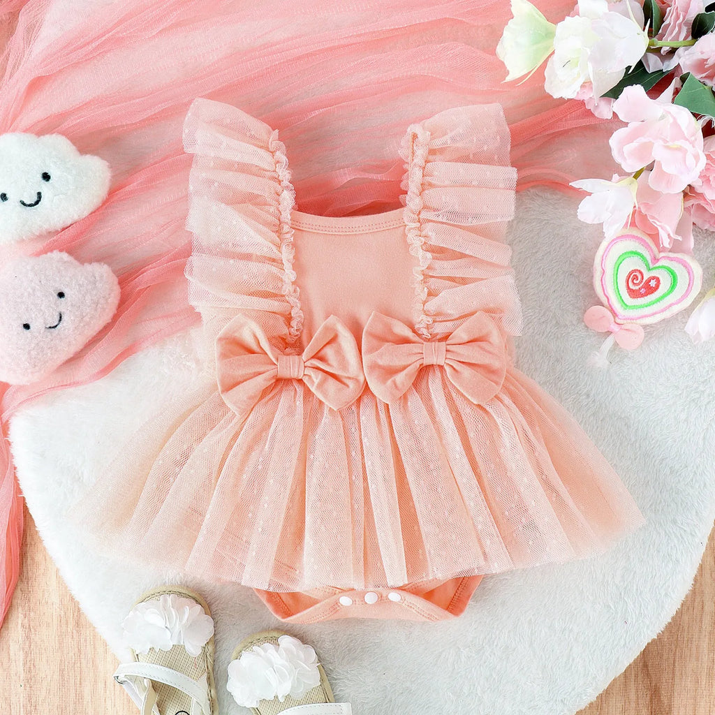 Cotton baby jumpsuit with net skirt triangle bodysuit in pink for summer girls 0-18 months
