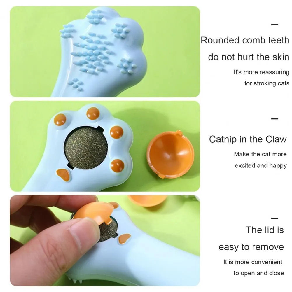 Cartoon-design cat toy massage comb with catnip, shown in various colours.