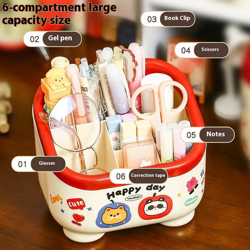 Cartoon-style plastic desktop organiser set with multiple boxes, pen holder, and 2L capacity on a desk.