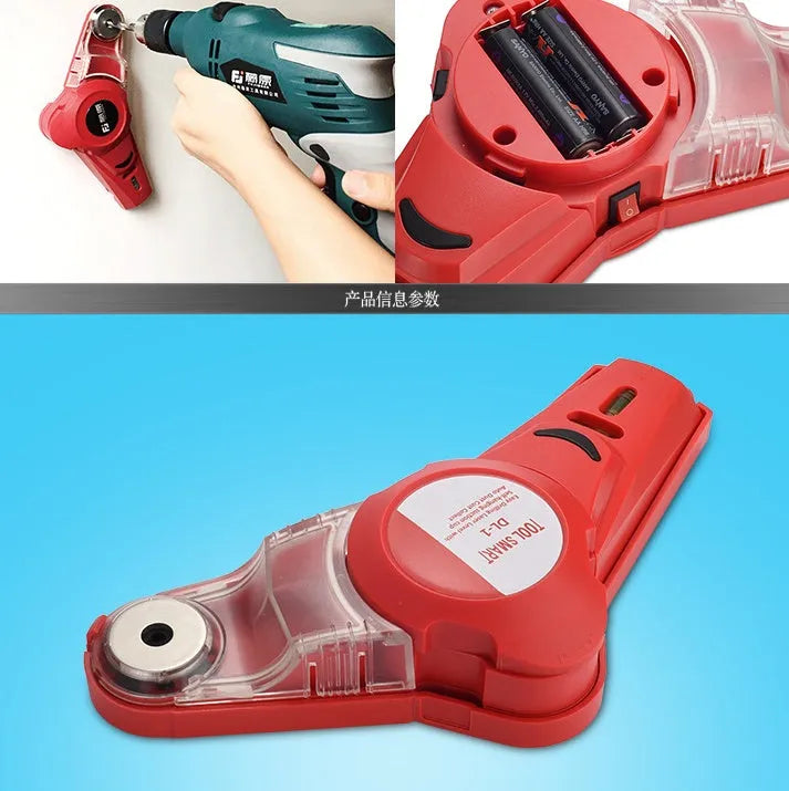Red handheld portable woodworking laser level with punching positioning function on a workbench.
