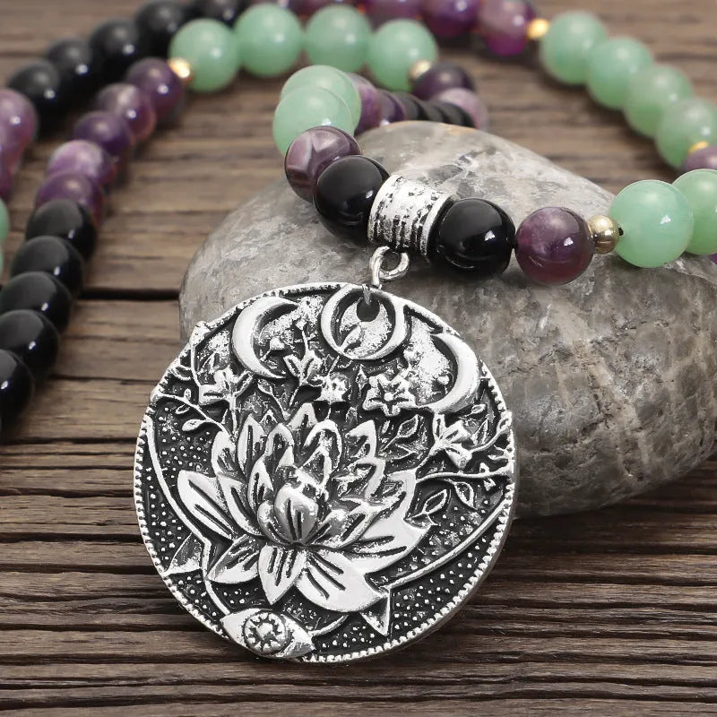 Dongling Long yoga lotus pendant necklace with stone bead chain and matching bracelet