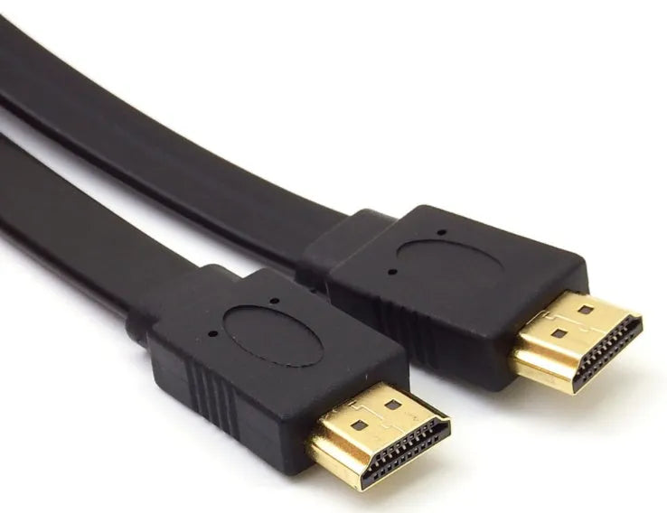 Flat black HDMI cable with male connectors, shown at various lengths from 0.3m to 10m.