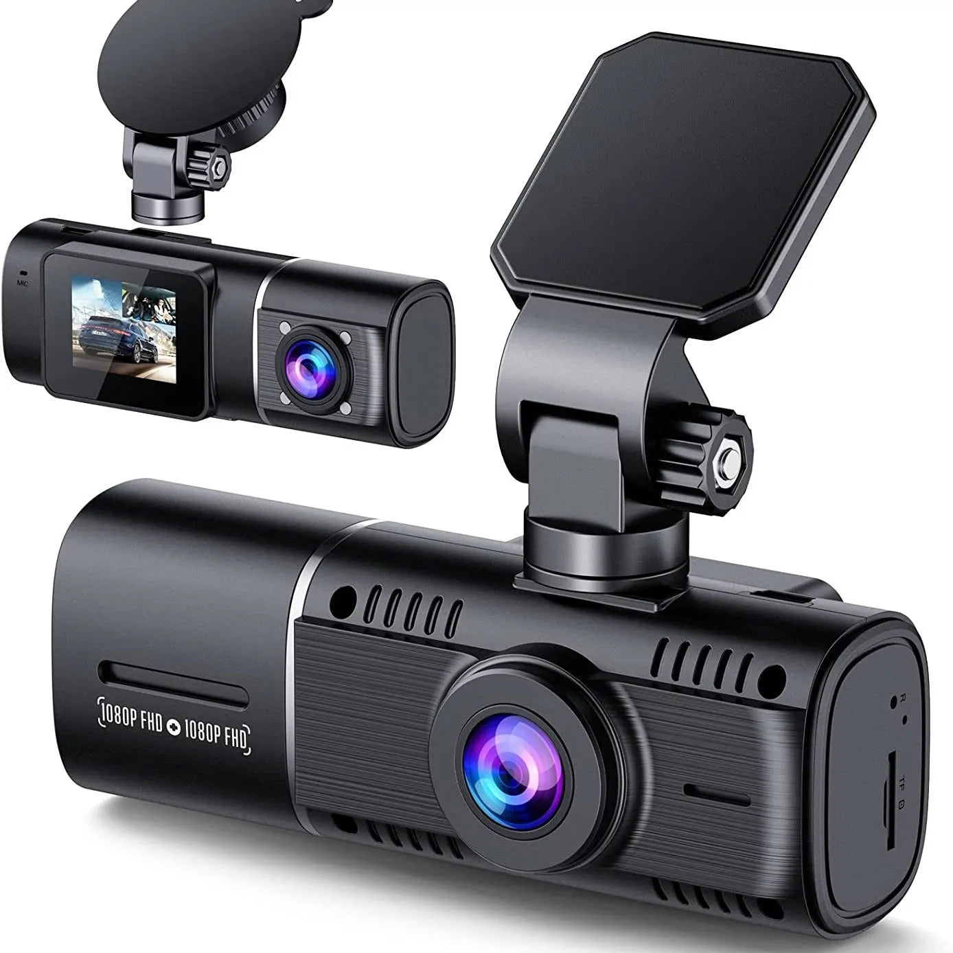 Standard black dual dash cam unit with 1.5-inch screen, shown with car charger and mounting stand.