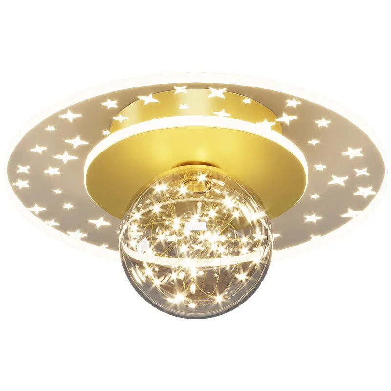 Modern simplicity LED ceiling lamp with three colour modes, available in gold finish, installed in a hallway