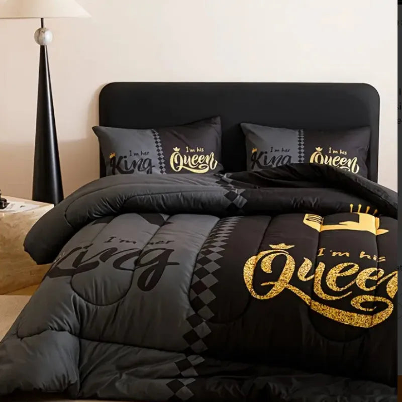 Three Piece Crown English digital printed quilt cover set in light gray on bed