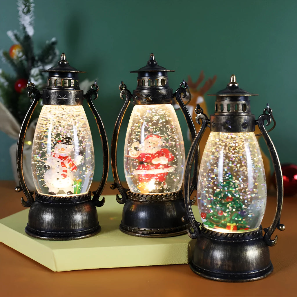 Plastic crystal ball oil lamp Christmas ornament with light-up feature in snowman and elderly figure styles