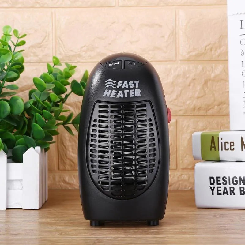 Black mini ceramic electric heater with digital display and a rotating three-prong plug.
